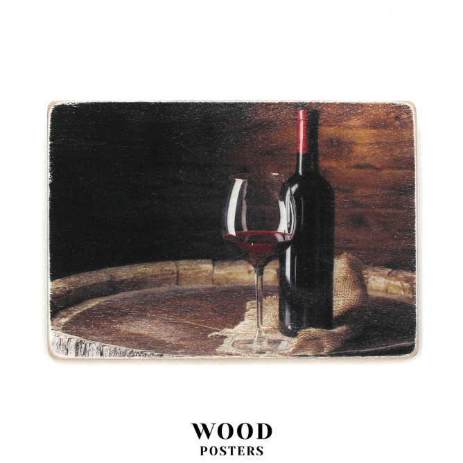 Постер “Пляшка і келих червоного вина на бочці”